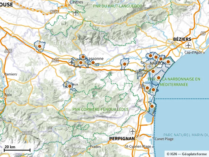 Plan de l'Aude, avec les limites de la zone et son centre
