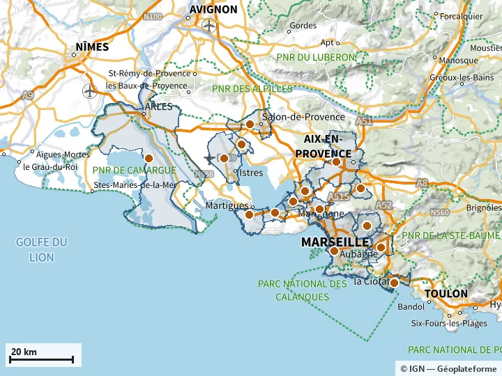 Plan des Bouches-du-Rhône, avec les limites de la zone et son centre