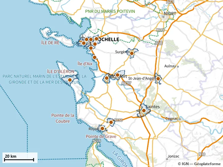 Plan de la Charente-Maritime, avec les limites de la zone et son centre