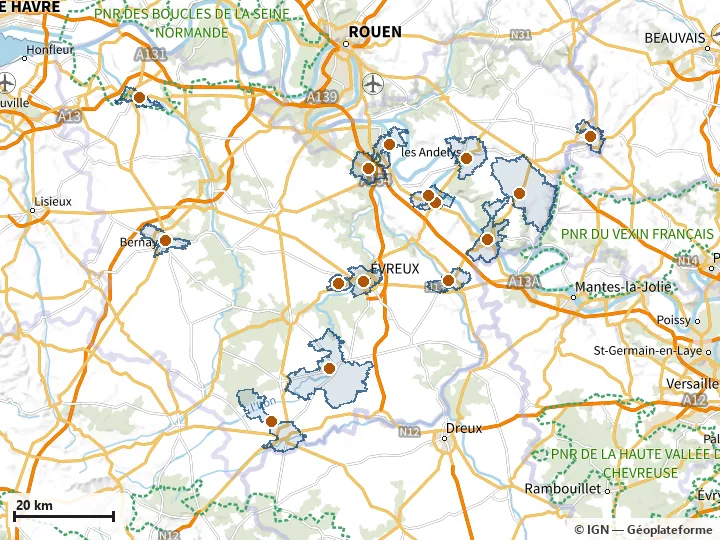 Plan de l'Eure, avec les limites de la zone et son centre