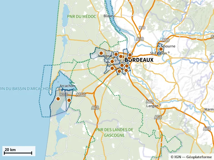 Plan de la Gironde, avec les limites de la zone et son centre