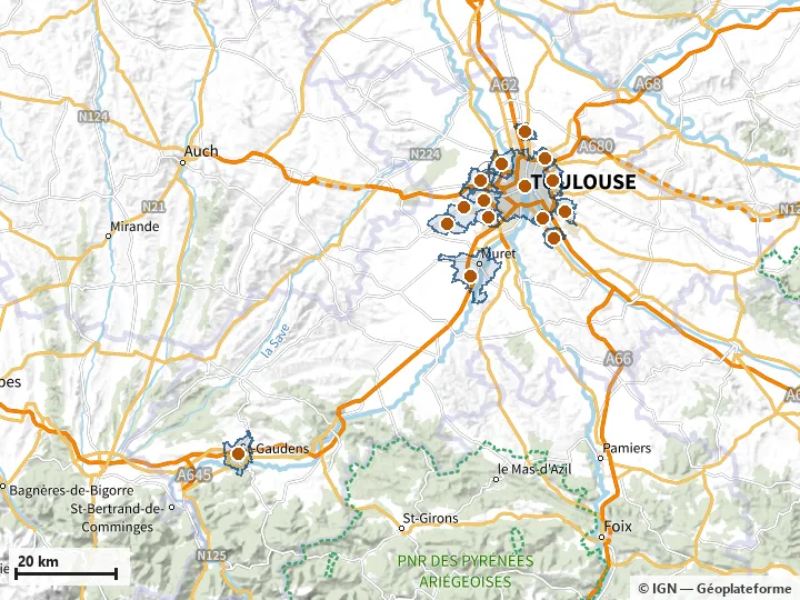 Plan de la Haute-Garonne, avec les limites de la zone et son centre