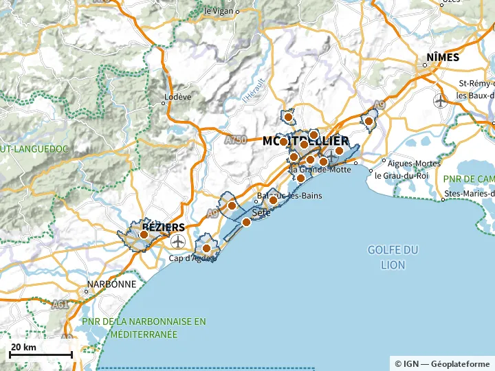 Plan de l'Hérault, avec les limites de la zone et son centre
