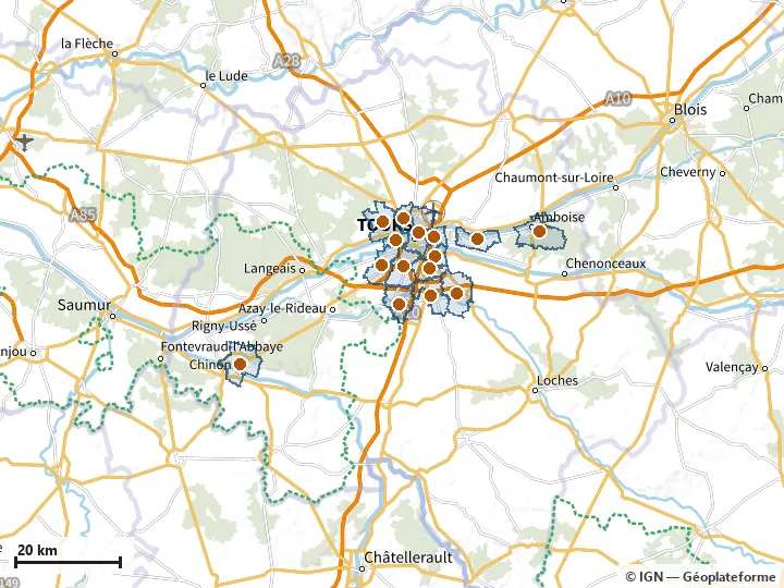 Plan d'Indre-et-Loire, avec les limites de la zone et son centre
