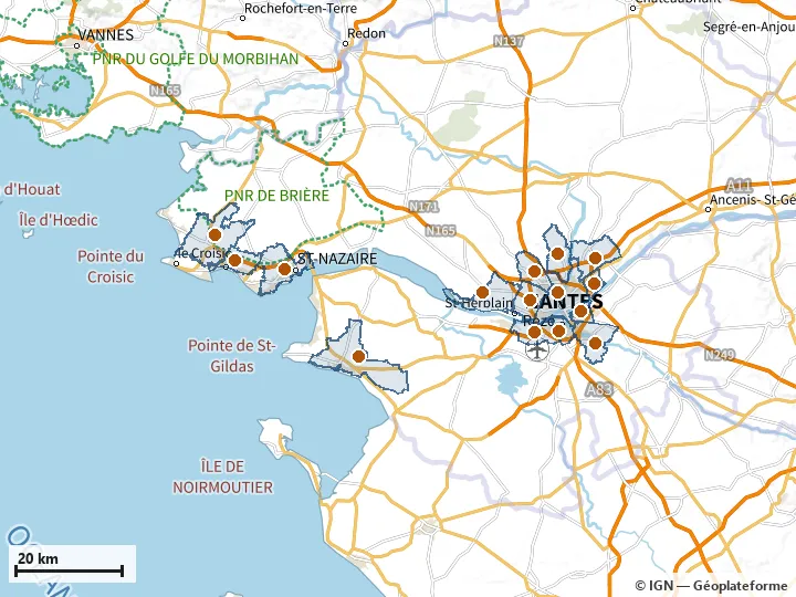 Plan de la Loire-Atlantique, avec les limites de la zone et son centre