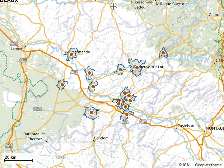 Plan de Lot-et-Garonne, avec les limites de la zone et son centre