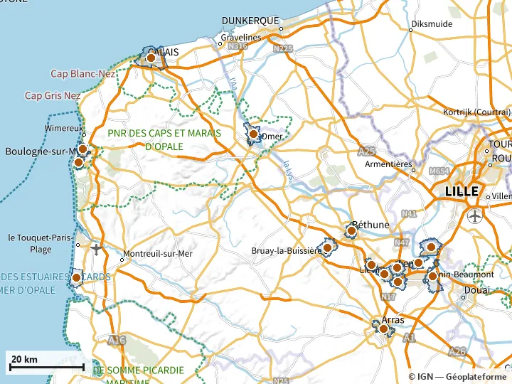 Plan du Pas-de-Calais, avec les limites de la zone et son centre
