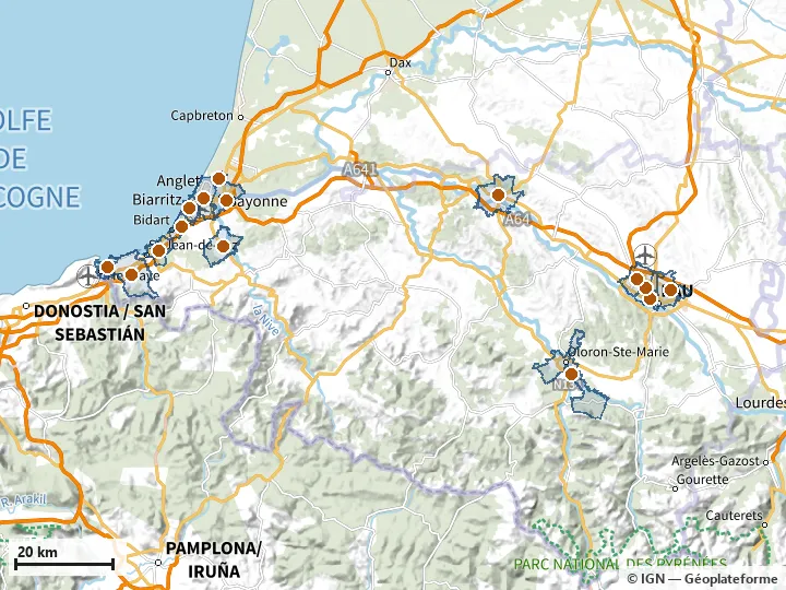Plan des Pyrénées-Atlantiques, avec les limites de la zone et son centre