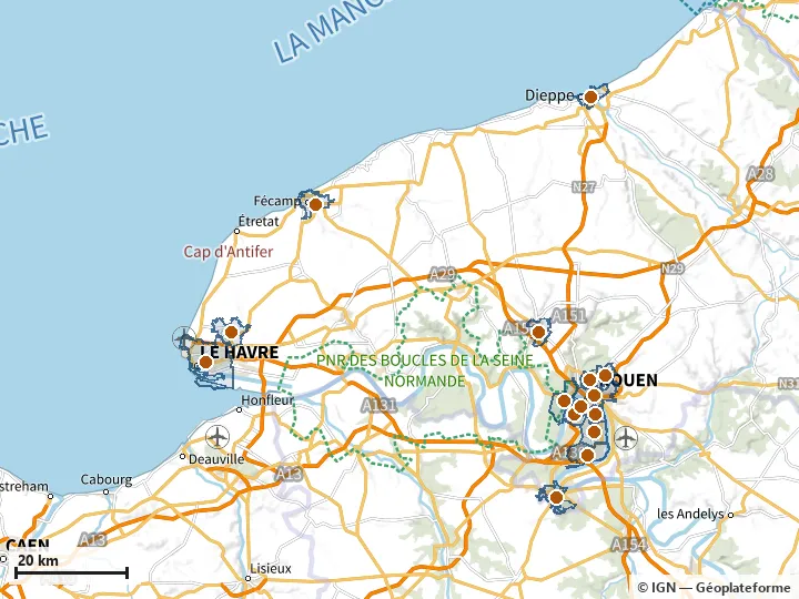 Plan de la Seine-Maritime, avec les limites de la zone et son centre