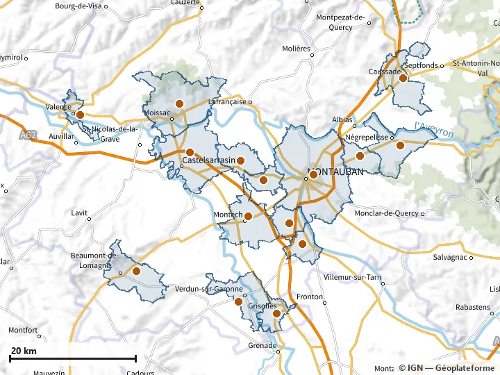 Plan de Tarn-et-Garonne, avec les limites de la zone et son centre