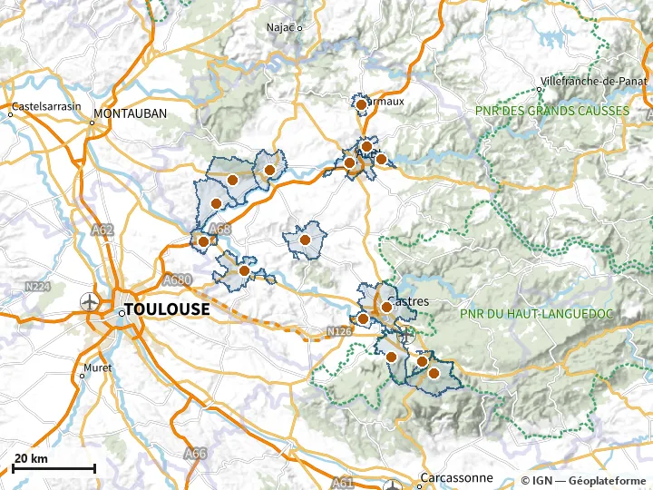 Plan du Tarn, avec les limites de la zone et son centre