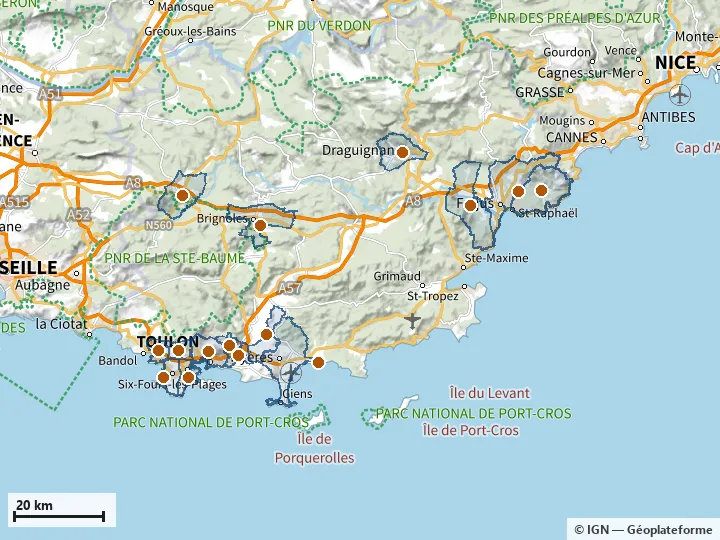 Plan du Var, avec les limites de la zone et son centre