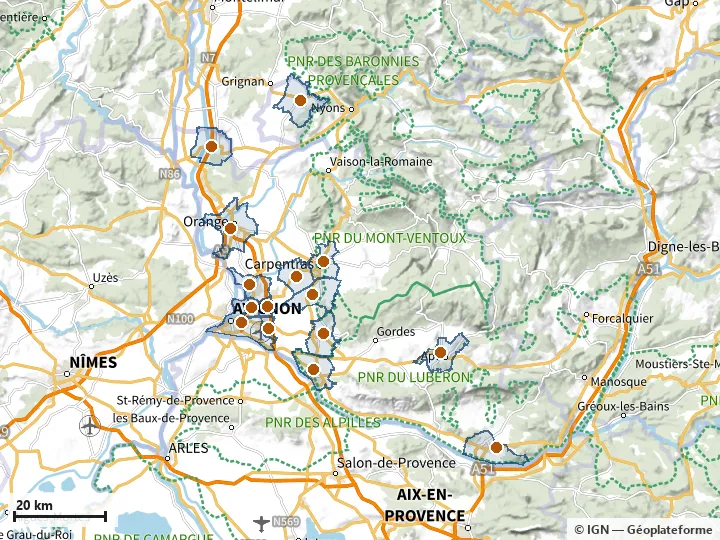 Plan du Vaucluse, avec les limites de la zone et son centre