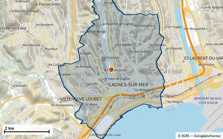 Plan de Cagnes-sur-Mer, avec les limites de la zone et son centre