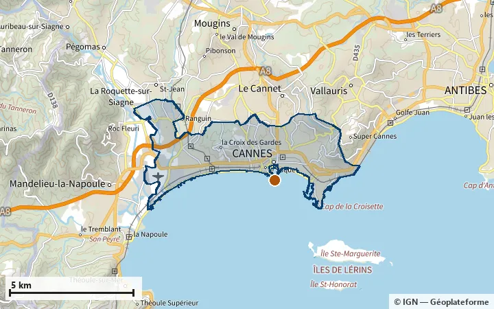 Plan de Cannes, avec les limites de la zone et son centre