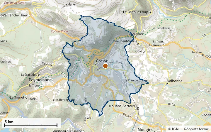 Plan de Grasse, avec les limites de la zone et son centre