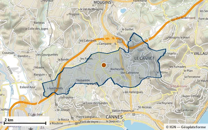 Plan du Cannet, avec les limites de la zone et son centre