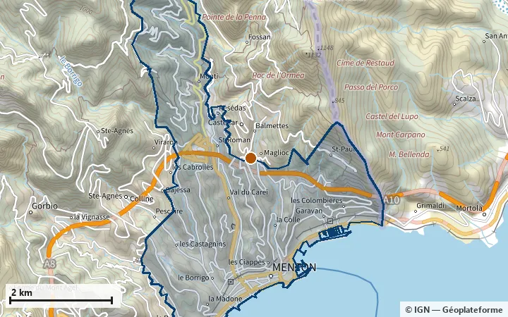 Plan de Menton, avec les limites de la zone et son centre