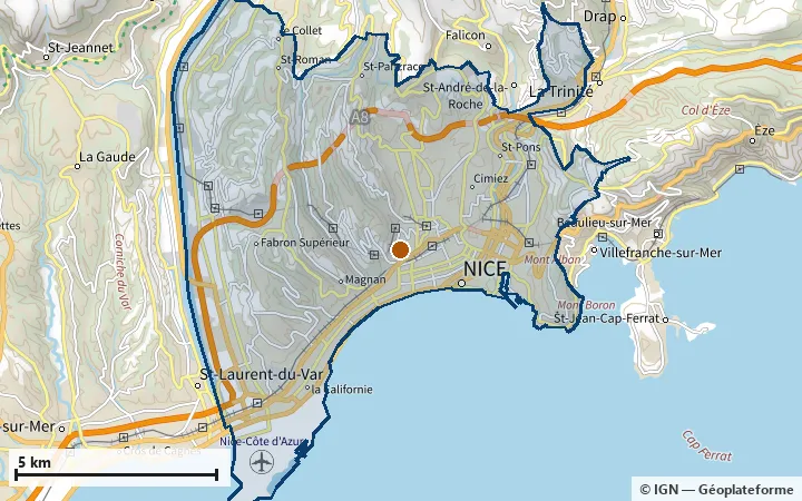 Plan de Nice, avec les limites de la zone et son centre
