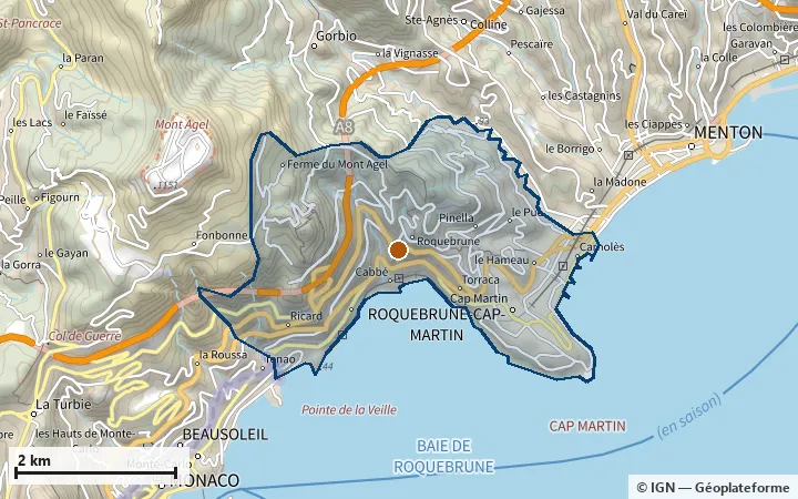 Plan de Roquebrune-Cap-Martin, avec les limites de la zone et son centre