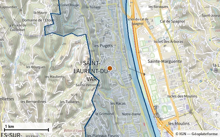 Plan de Saint-Laurent-du-Var, avec les limites de la zone et son centre