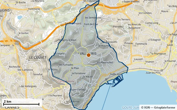 Plan de Vallauris, avec les limites de la zone et son centre