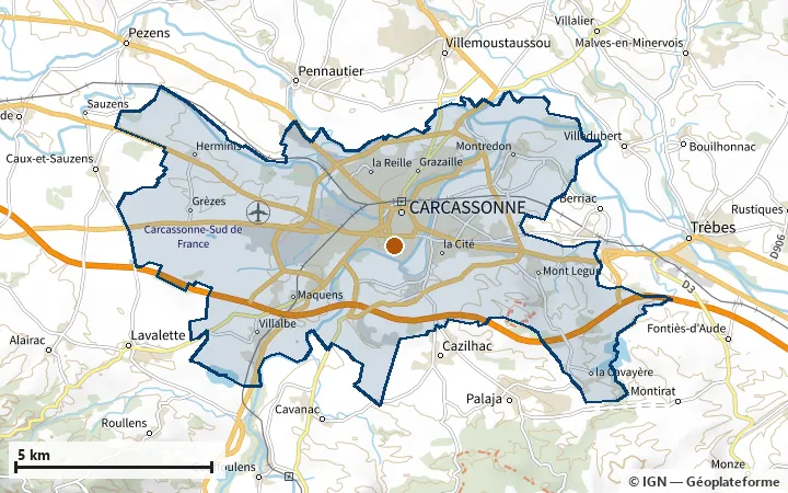 Plan de Carcassonne, avec les limites de la zone et son centre