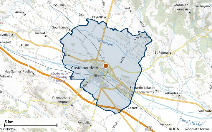 Plan de Castelnaudary, avec les limites de la zone et son centre