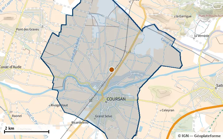 Plan de Coursan, avec les limites de la zone et son centre