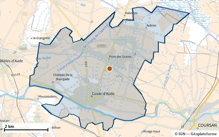 Plan de Cuxac-d'Aude, avec les limites de la zone et son centre