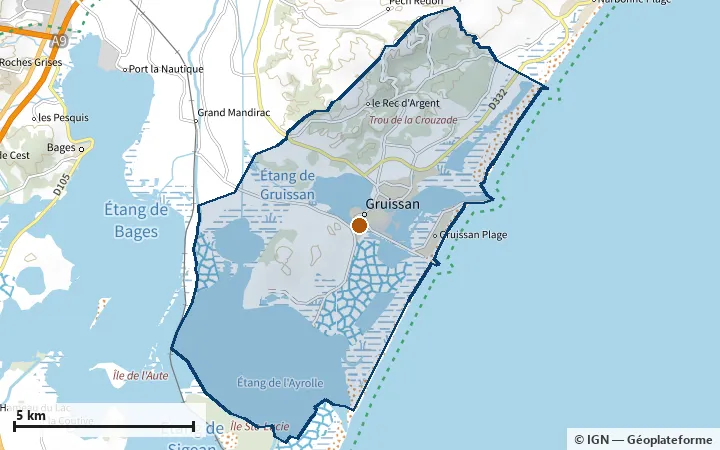 Plan de Gruissan, avec les limites de la zone et son centre