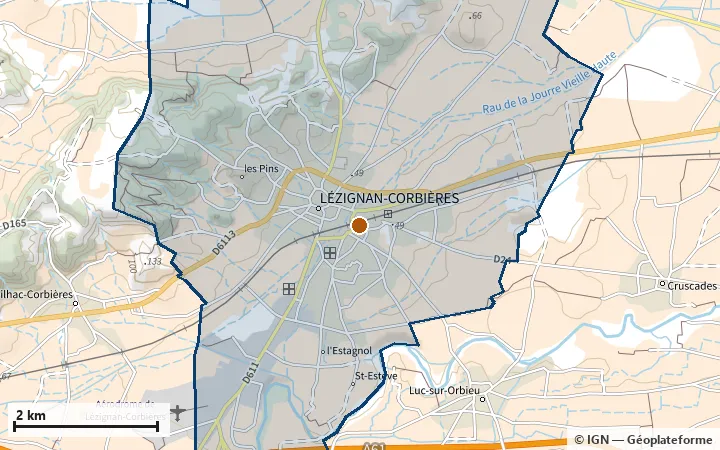 Plan de Lézignan-Corbières, avec les limites de la zone et son centre