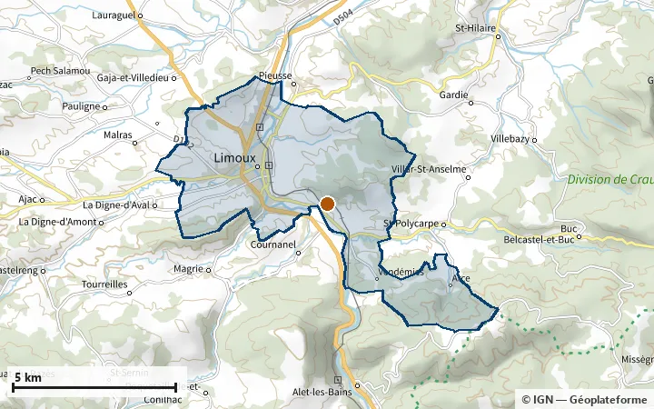Plan de Limoux, avec les limites de la zone et son centre
