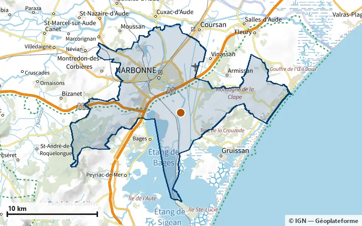 Plan de Narbonne, avec les limites de la zone et son centre