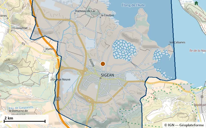 Plan de Sigean, avec les limites de la zone et son centre