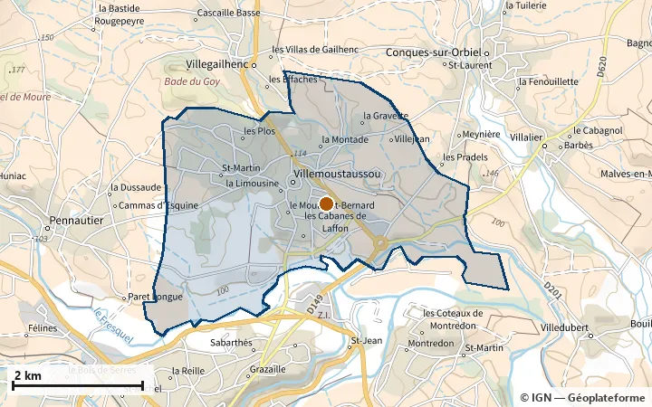 Plan de Villemoustaussou, avec les limites de la zone et son centre