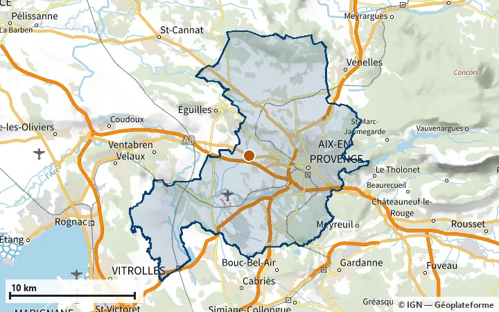 Plan d'Aix-en-Provence, avec les limites de la zone et son centre