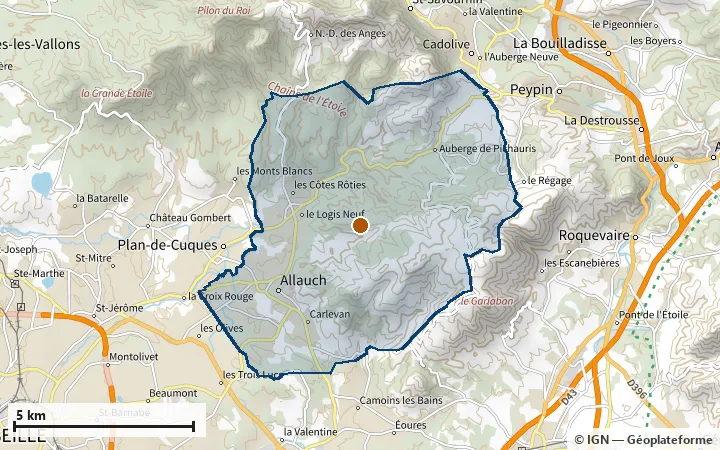 Plan d'Allauch, avec les limites de la zone et son centre