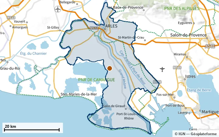 Plan d'Arles, avec les limites de la zone et son centre