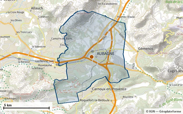 Plan d'Aubagne, avec les limites de la zone et son centre