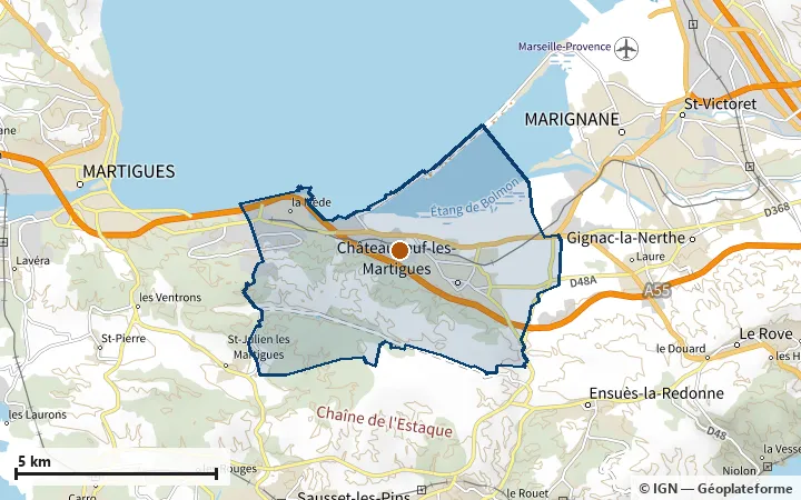 Plan de Châteauneuf-les-Martigues, avec les limites de la zone et son centre