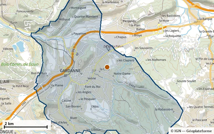 Plan de Gardanne, avec les limites de la zone et son centre