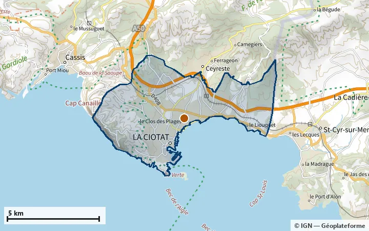 Plan de La Ciotat, avec les limites de la zone et son centre