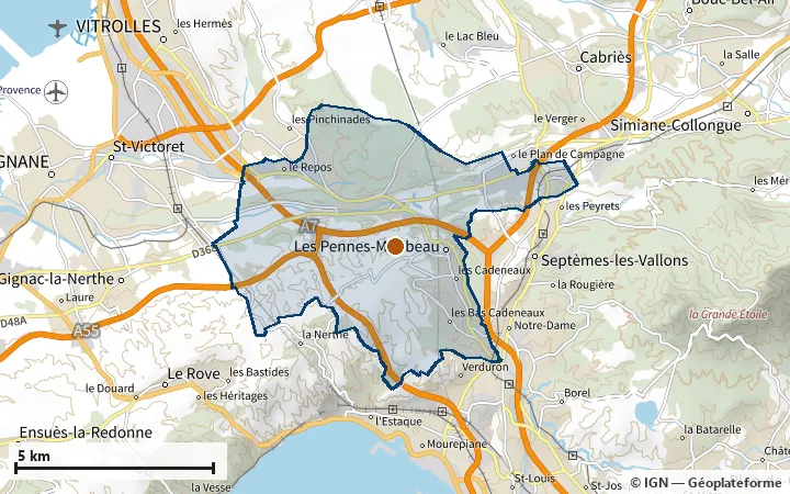 Plan des Pennes-Mirabeau, avec les limites de la zone et son centre