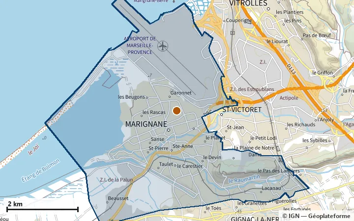 Plan de Marignane, avec les limites de la zone et son centre
