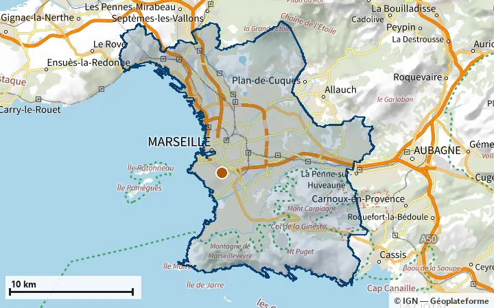 Plan de Marseille, avec les limites de la zone et son centre