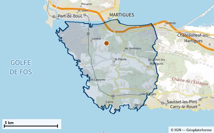 Plan de Martigues, avec les limites de la zone et son centre