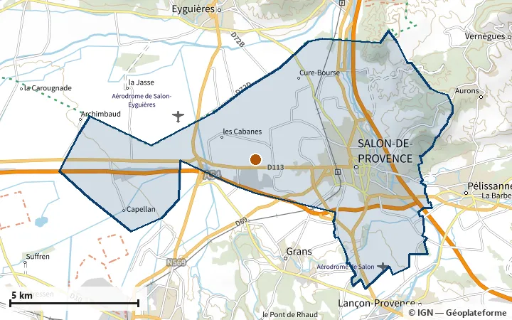 Plan de Salon-de-Provence, avec les limites de la zone et son centre