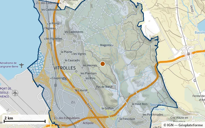Plan de Vitrolles, avec les limites de la zone et son centre