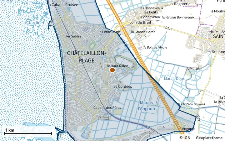 Plan de Châtelaillon-Plage, avec les limites de la zone et son centre